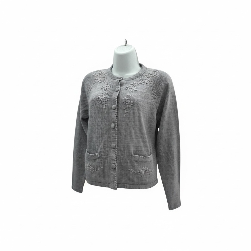 Karen Scott Petites Gray Embroidered Cardigan Sweater – Size PS